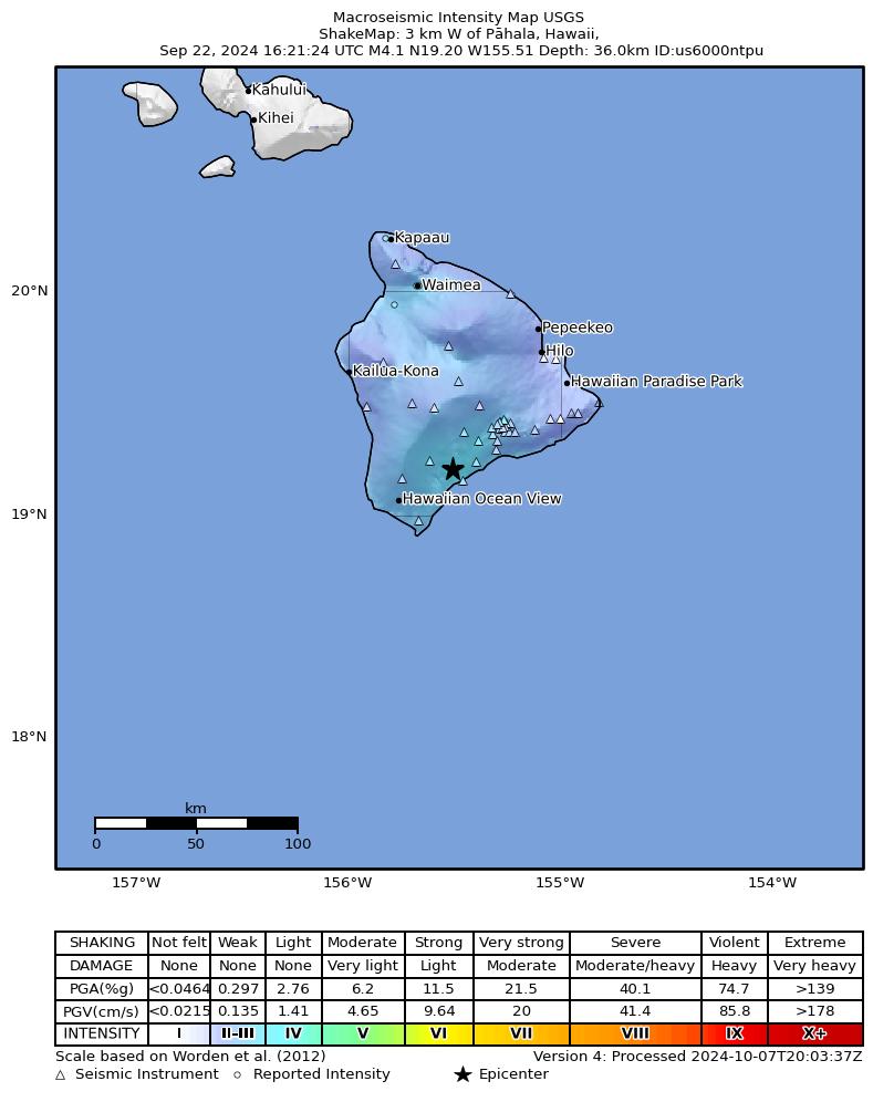 USGS ShakeMap intensity contours for the M4.0 earthquake near 4 km S of Pāhala, Hawaii