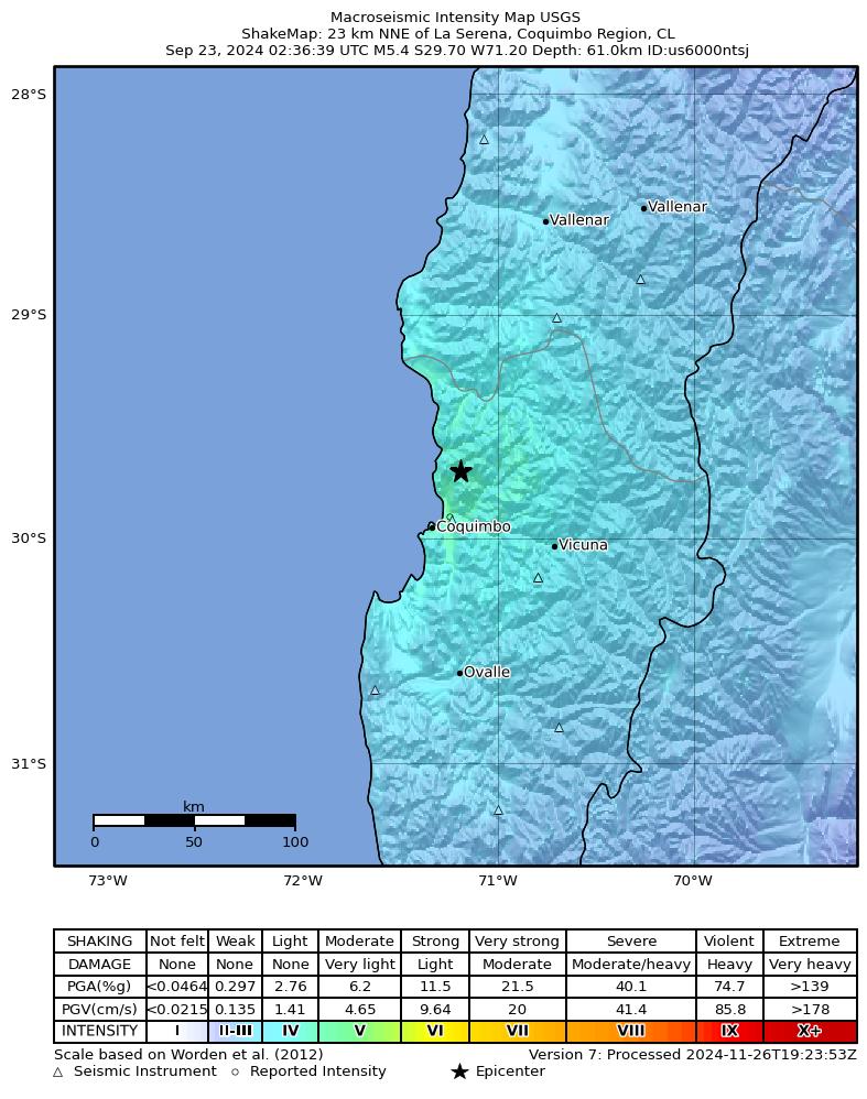 USGS ShakeMap intensity contours for the M5.4 earthquake near 23 km NNE of La Serena, Chile