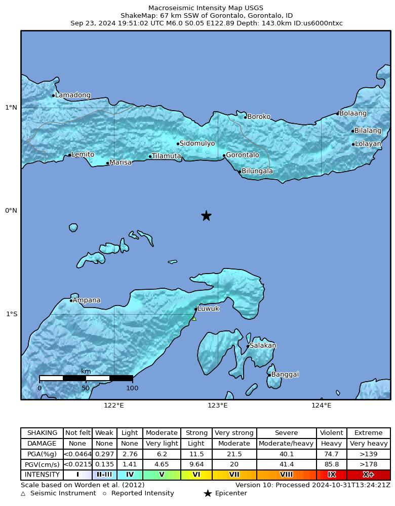 USGS ShakeMap intensity contours for the M6.0 earthquake near 67 km SSW of Gorontalo, Indonesia