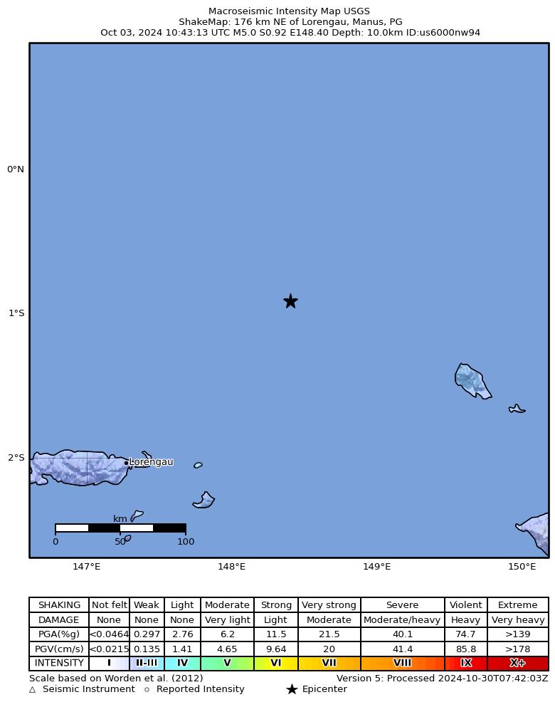 USGS ShakeMap intensity contours for the M5.0 earthquake near 176 km NE of Lorengau, Papua New Guinea