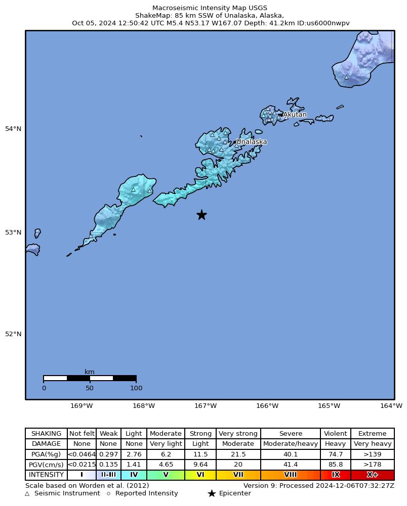 USGS ShakeMap intensity contours for the M5.4 earthquake near 85 km SSW of Unalaska, Alaska