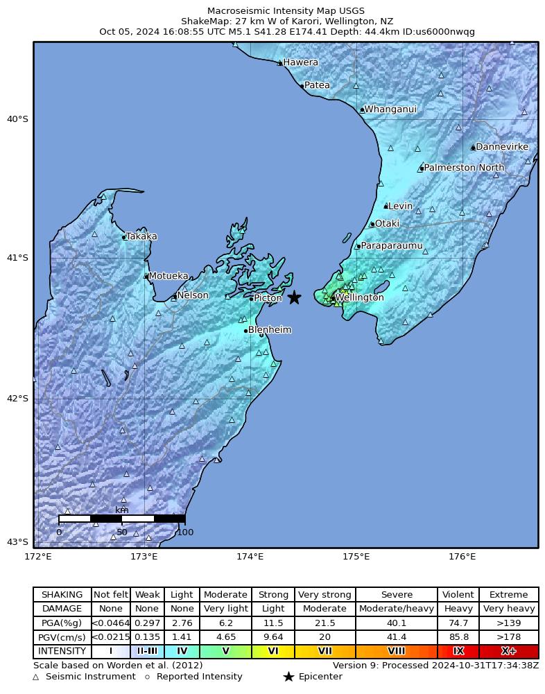 USGS ShakeMap intensity contours for the M5.1 earthquake near 27 km W of Karori, New Zealand