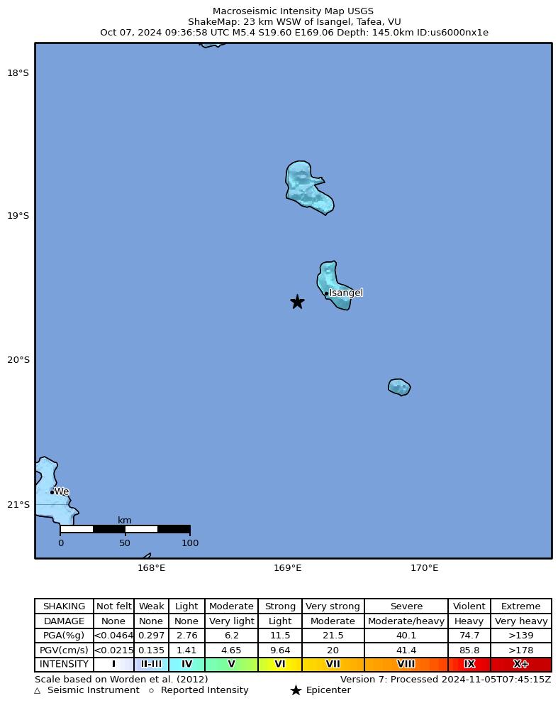 USGS ShakeMap intensity contours for the M5.4 earthquake near 23 km WSW of Isangel, Vanuatu