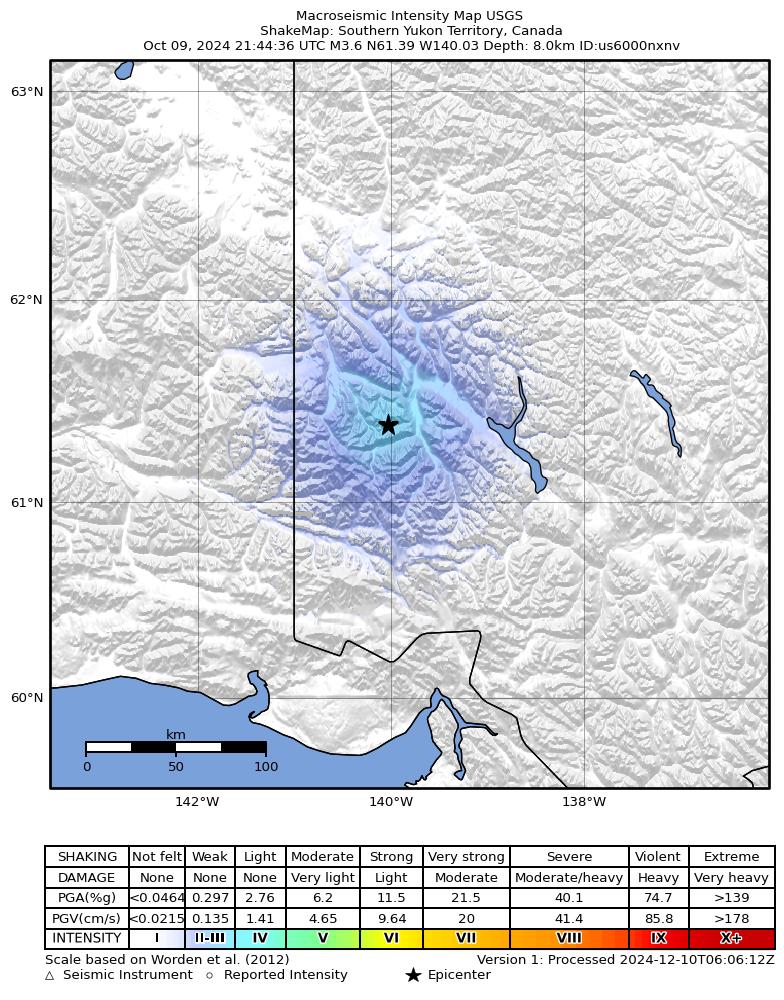 USGS ShakeMap intensity contours for the M3.6 earthquake near 154 km E of McCarthy, Alaska