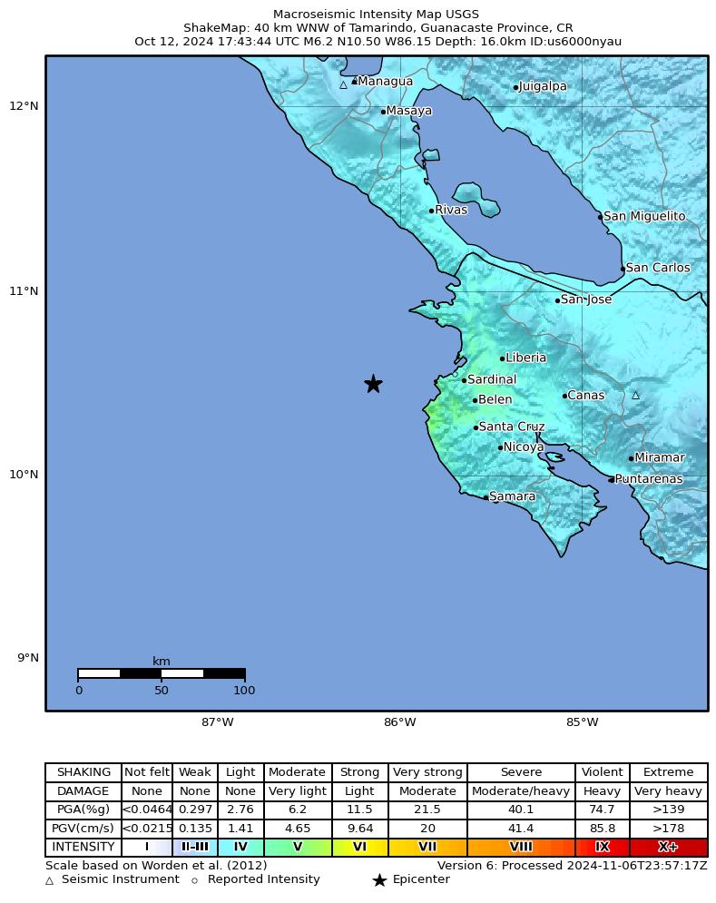 USGS ShakeMap intensity contours for the M6.2 earthquake near 40 km WNW of Tamarindo, Costa Rica