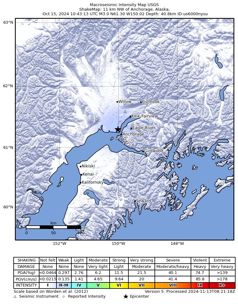 USGS ShakeMap: estimated shaking intensity around the epicenter