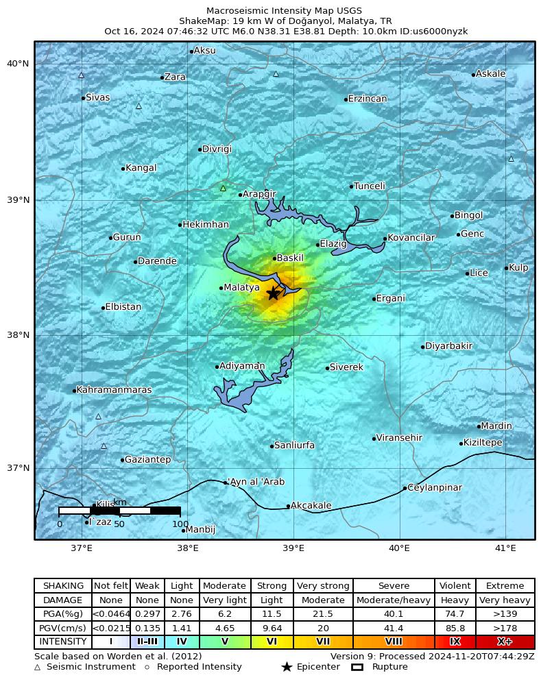 USGS ShakeMap intensity contours for the M6.0 earthquake near 19 km W of Doğanyol, Turkey