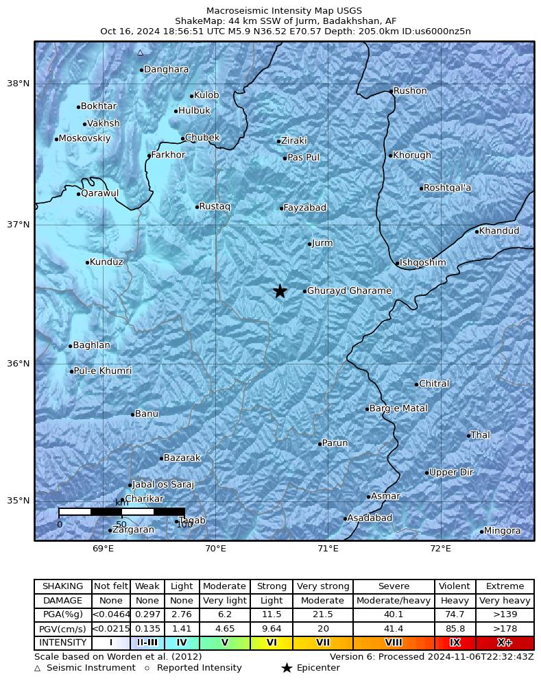 USGS ShakeMap intensity contours for the M5.9 earthquake near 44 km SSW of Jurm, Afghanistan