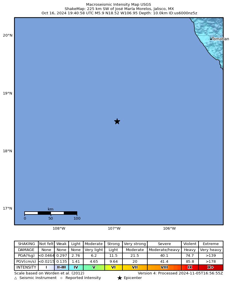 USGS ShakeMap intensity contours for the M5.9 earthquake near 225 km SW of José María Morelos, Mexico