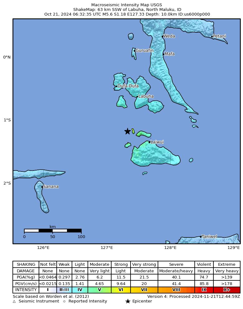 USGS ShakeMap intensity contours for the M5.6 earthquake near 63 km SSW of Labuha, Indonesia