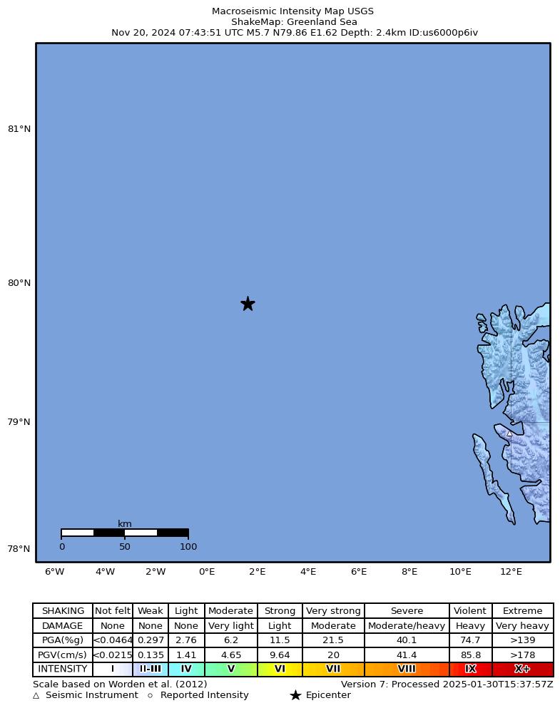 USGS ShakeMap intensity contours for the M5.7 earthquake near Greenland Sea