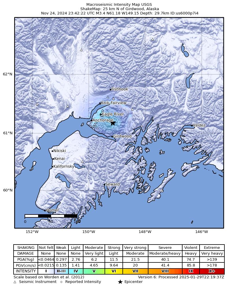 USGS ShakeMap intensity contours for the M3.2 earthquake near 25 km N of Girdwood, Alaska