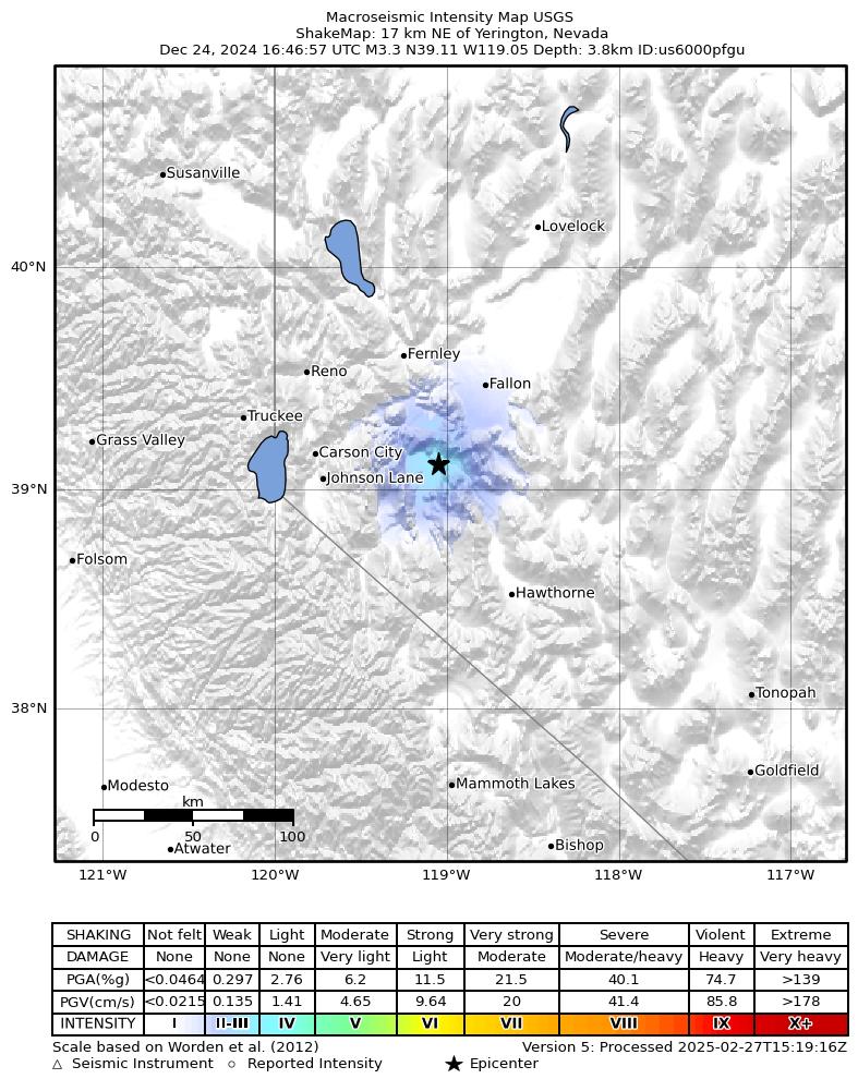 USGS ShakeMap intensity contours for the M3.3 earthquake near 17 km NE of Yerington, Nevada
