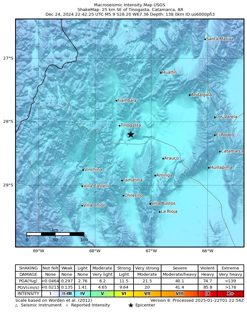 USGS ShakeMap intensity contours for the M5.9 earthquake near 25 km SE of Tinogasta, Argentina