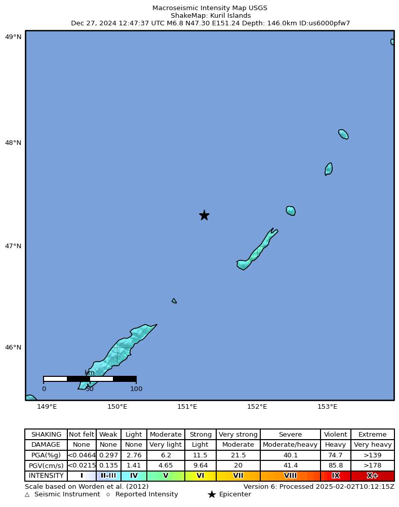 USGS ShakeMap intensity contours for the M6.8 earthquake near Kuril Islands