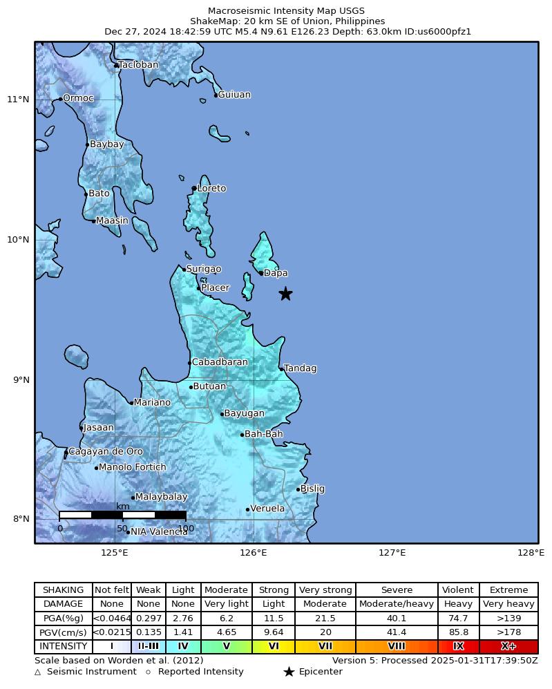 USGS ShakeMap intensity contours for the M5.4 earthquake near 20 km SE of Union, Philippines