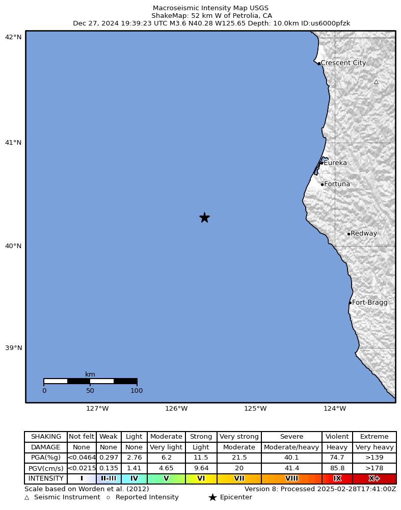 USGS ShakeMap intensity contours for the M3.9 earthquake near 52 km W of Petrolia, CA