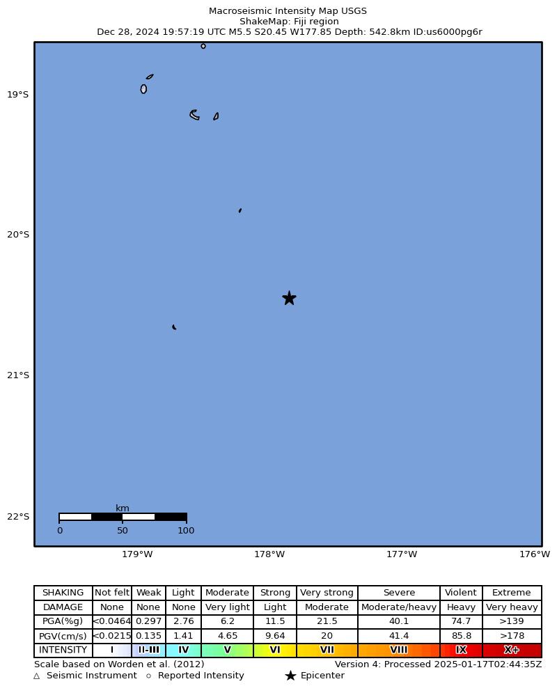 USGS ShakeMap intensity contours for the M5.5 earthquake near 277 km WNW of Houma, Tonga