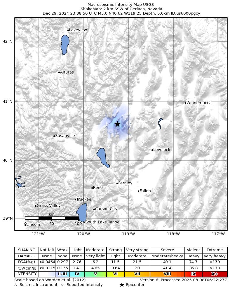 USGS ShakeMap intensity contours for the M3.1 earthquake near 2 km SSW of Gerlach, Nevada