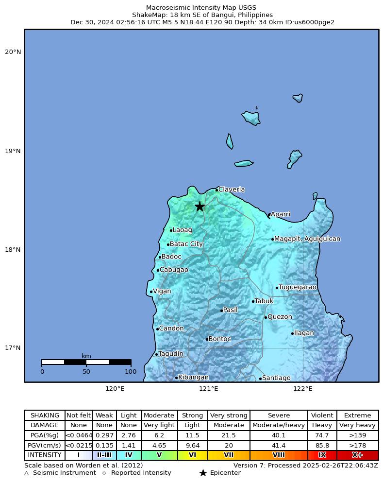 USGS ShakeMap intensity contours for the M5.5 earthquake near 18 km SE of Bangui, Philippines
