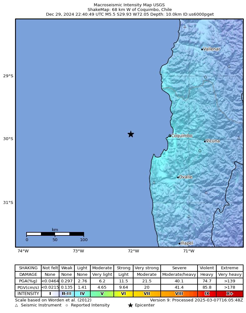 USGS ShakeMap intensity contours for the M5.5 earthquake near 68 km W of Coquimbo, Chile