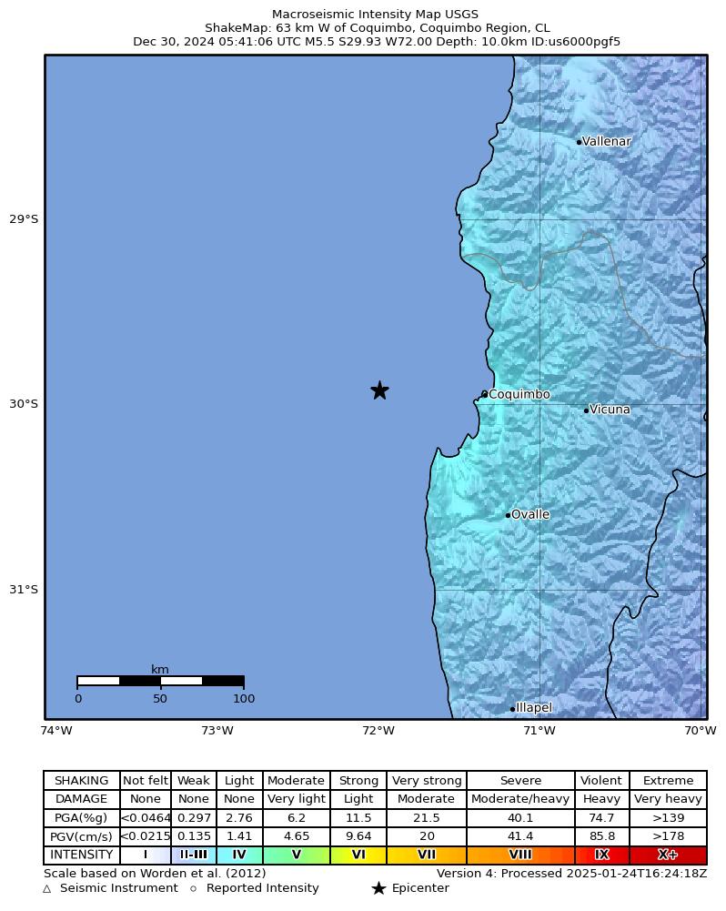 USGS ShakeMap intensity contours for the M5.5 earthquake near 63 km W of Coquimbo, Chile
