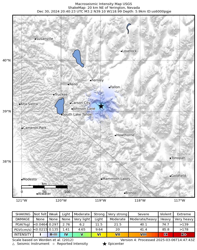 USGS ShakeMap: estimated shaking intensity around the epicenter