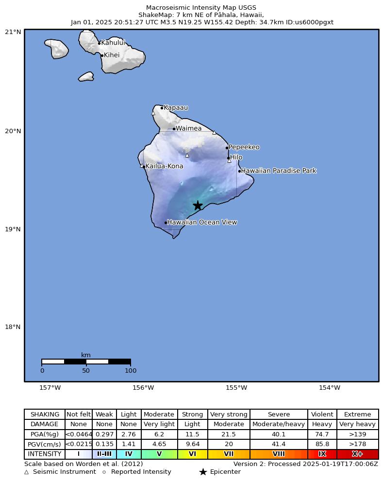 USGS ShakeMap intensity contours for the M3.1 earthquake near 10 km E of Pāhala, Hawaii