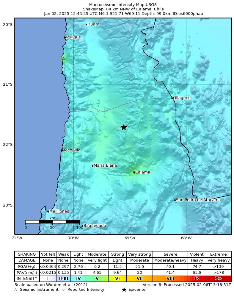 USGS ShakeMap intensity contours for the M6.1 earthquake near 84 km NNW of Calama, Chile