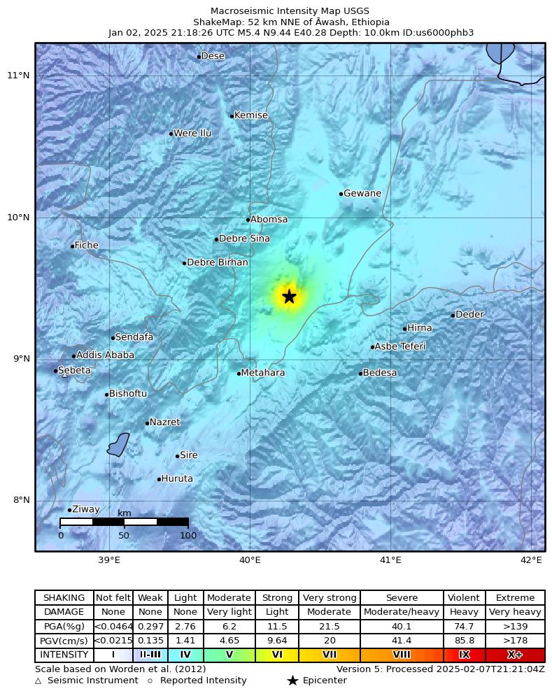 USGS ShakeMap intensity contours for the M5.4 earthquake near 52 km NNE of Āwash, Ethiopia