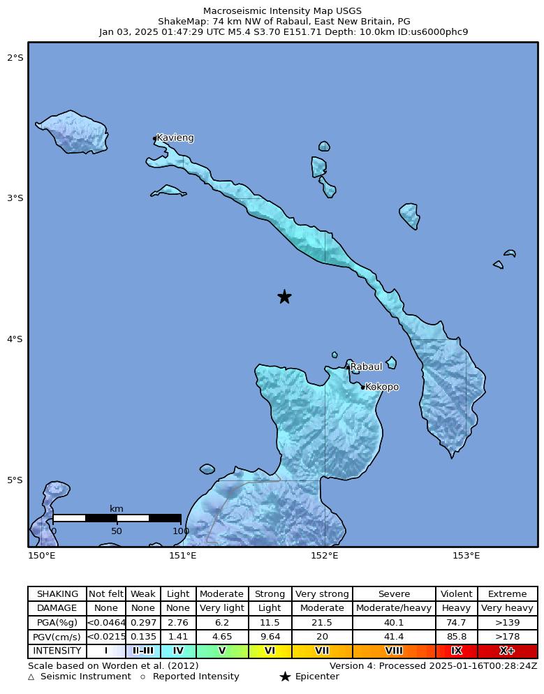 USGS ShakeMap intensity contours for the M5.1 earthquake near 71 km NW of Rabaul, Papua New Guinea