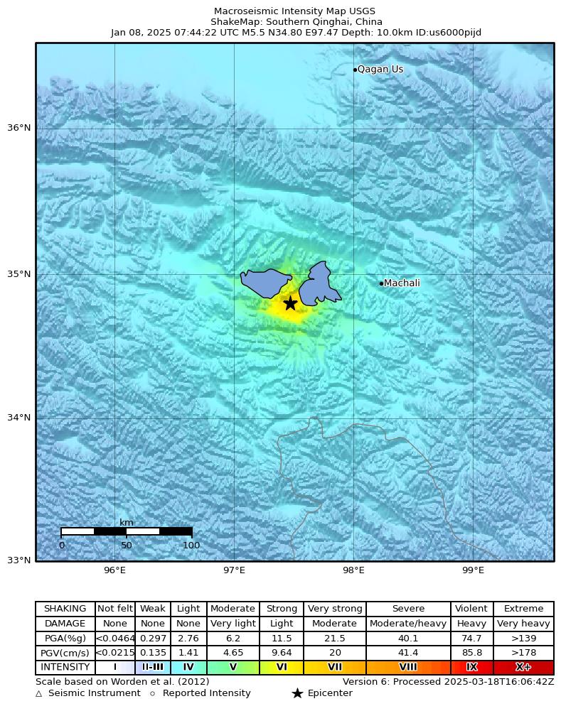 USGS ShakeMap intensity contours for the M5.5 earthquake near Southern Qinghai, China
