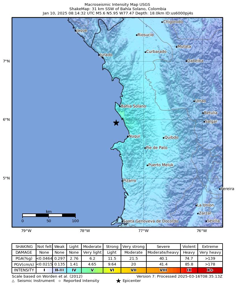 USGS ShakeMap intensity contours for the M5.6 earthquake near 31 km SSW of Bahía Solano, Colombia