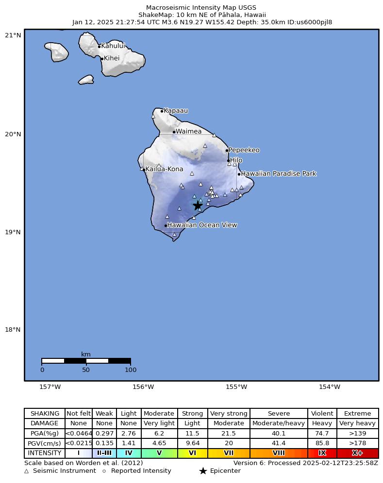 USGS ShakeMap intensity contours for the M3.1 earthquake near 10 km NE of Pāhala, Hawaii