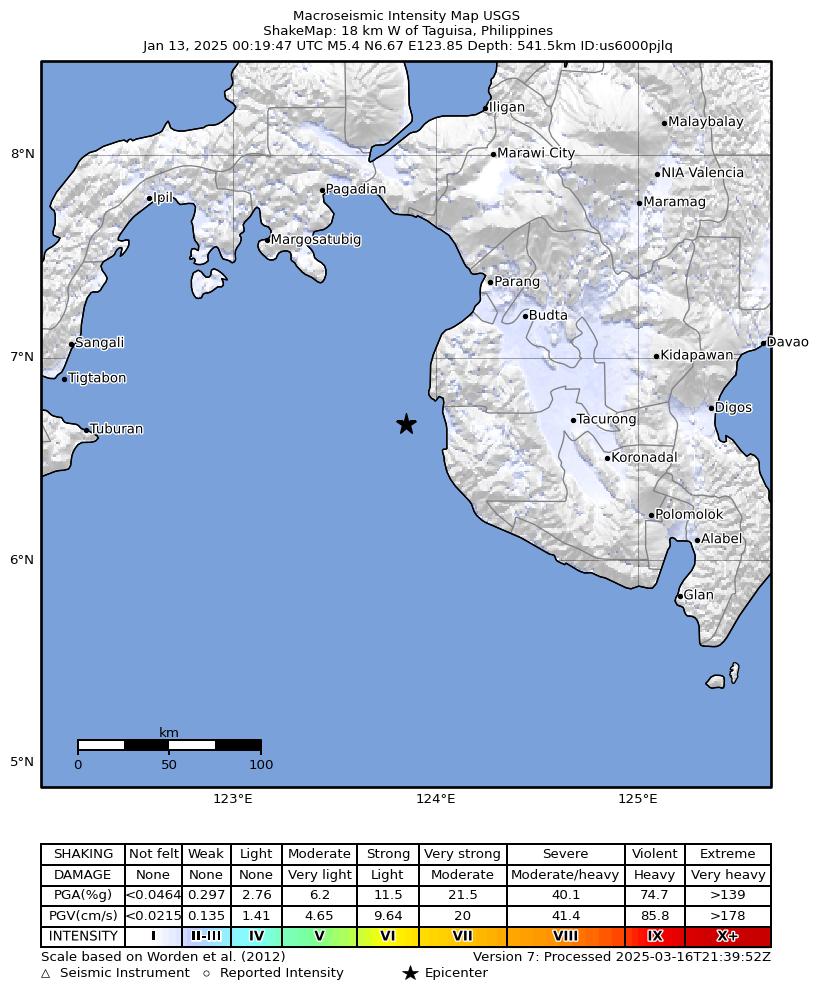 USGS ShakeMap intensity contours for the M5.4 earthquake near 20 km W of Taguisa, Philippines
