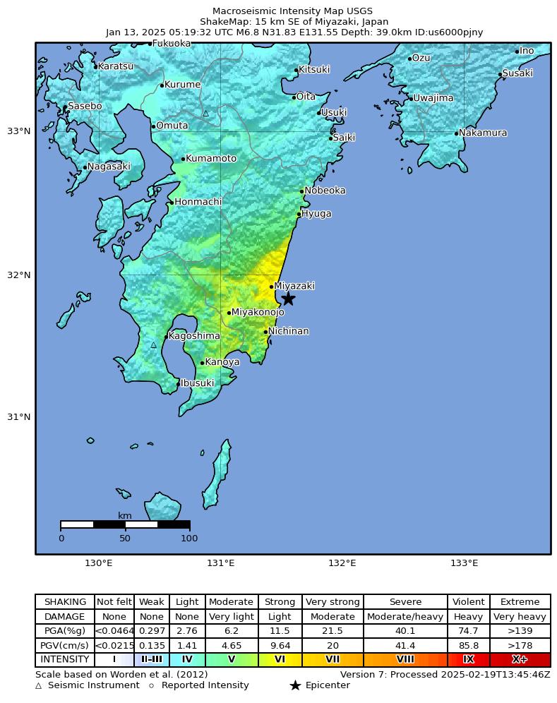 USGS ShakeMap intensity contours for the M6.8 earthquake near 15 km SE of Miyazaki, Japan