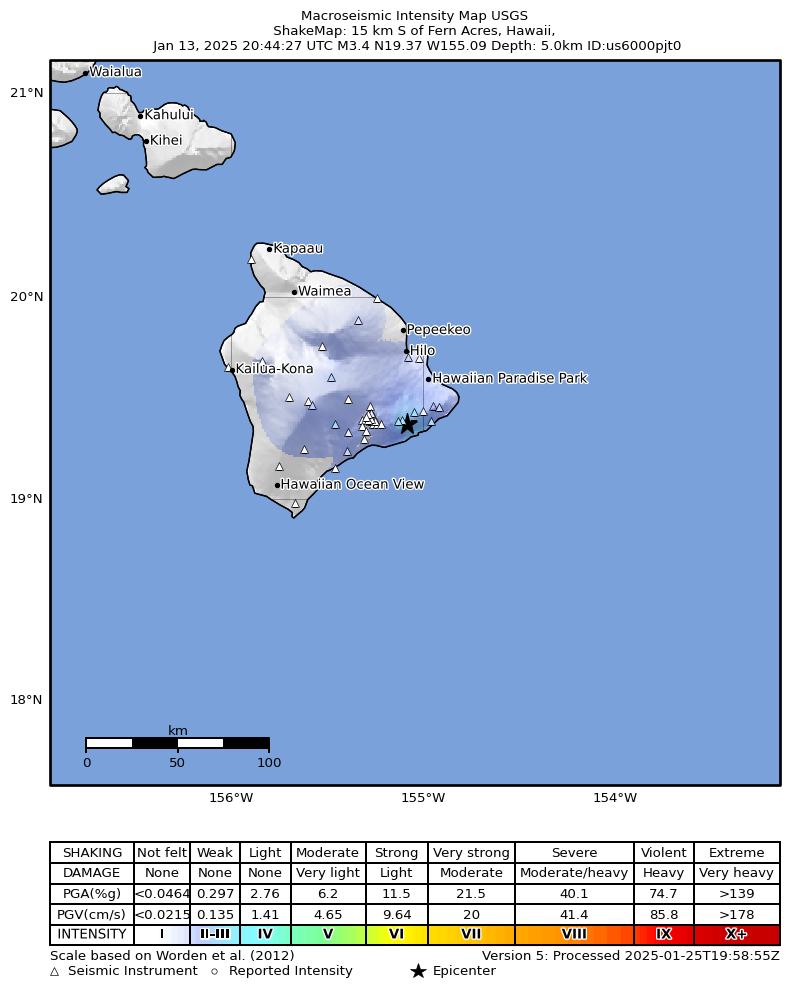 USGS ShakeMap intensity contours for the M2.9 earthquake near 12 km SSE of Fern Forest, Hawaii