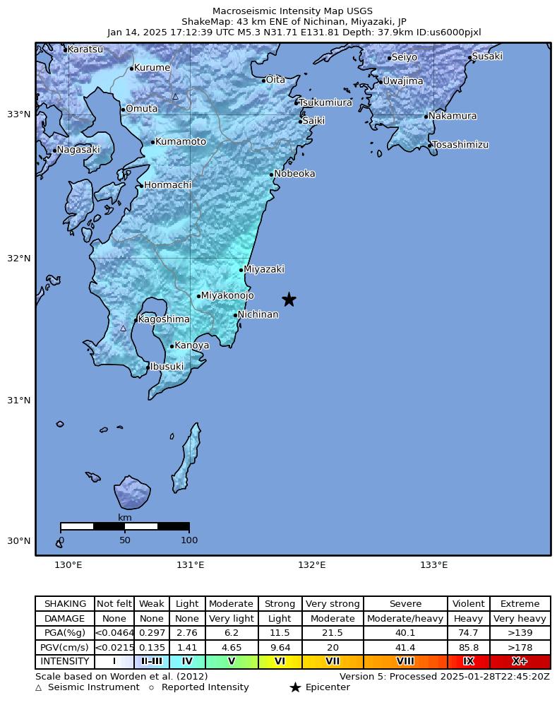 USGS ShakeMap intensity contours for the M5.3 earthquake near 43 km ENE of Nichinan, Japan
