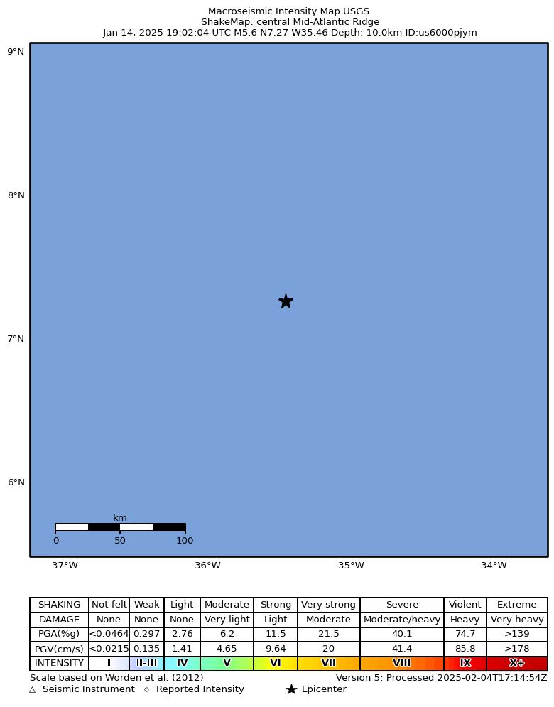USGS ShakeMap intensity contours for the M5.6 earthquake near central Mid-Atlantic Ridge