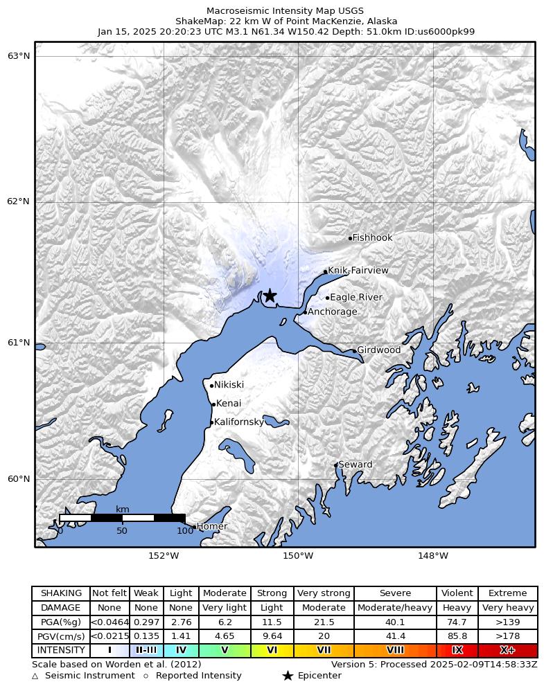 USGS ShakeMap intensity contours for the M2.9 earthquake near 22 km W of Point MacKenzie, Alaska