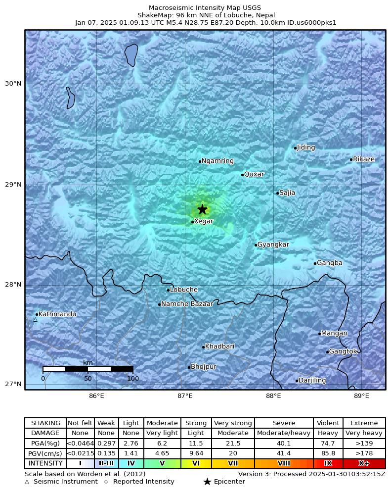 USGS ShakeMap intensity contours for the M5.4 earthquake near 96 km NNE of Lobuche, Nepal