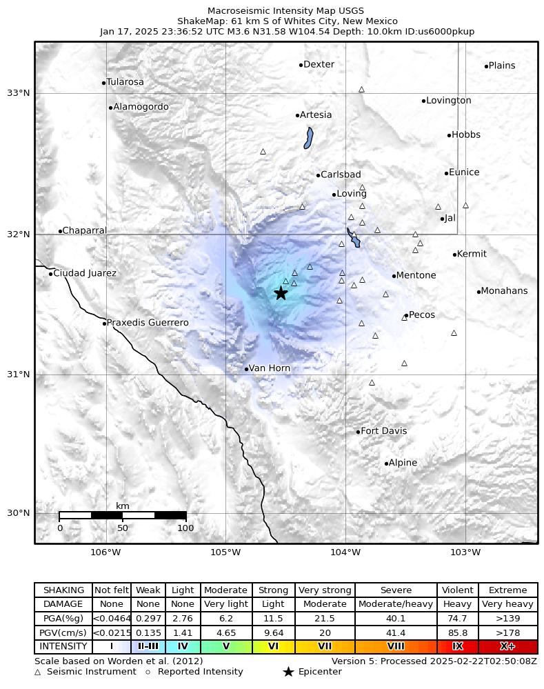 USGS ShakeMap intensity contours for the M3.4 earthquake near 61 km S of Whites City, New Mexico