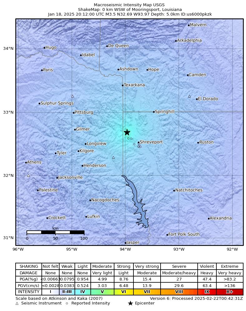 USGS ShakeMap intensity contours for the M3.5 earthquake near 0 km WSW of Mooringsport, Louisiana