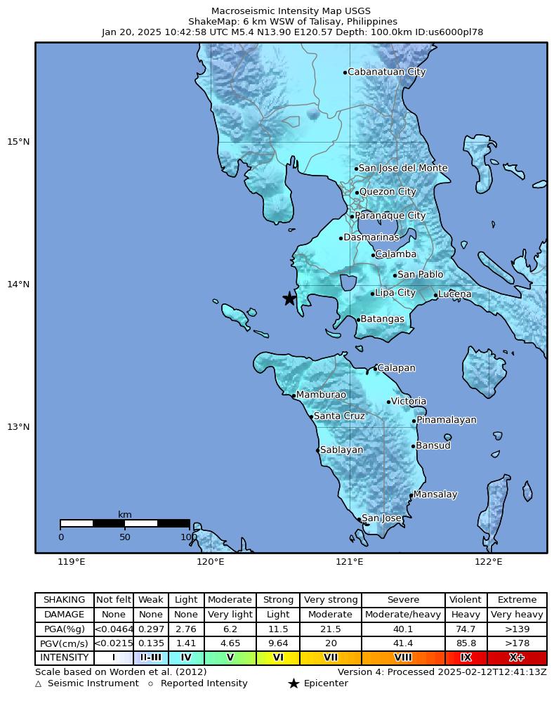 USGS ShakeMap intensity contours for the M5.4 earthquake near 6 km WSW of Talisay, Philippines