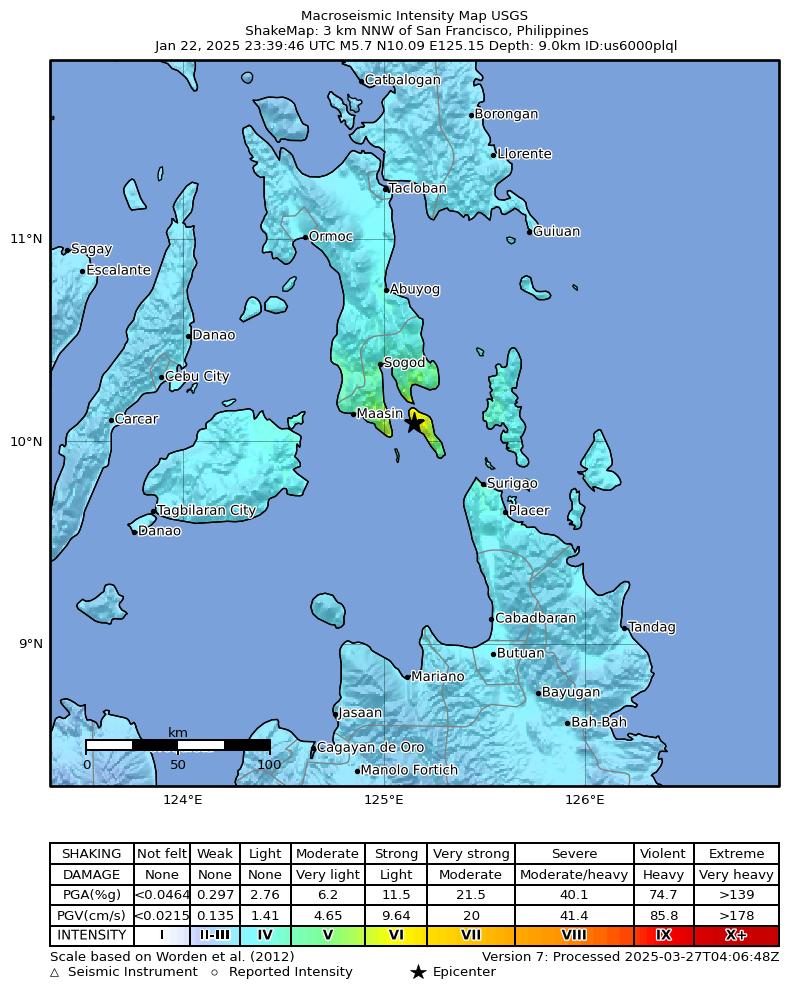 USGS ShakeMap intensity contours for the M5.7 earthquake near 3 km NNW of San Francisco, Philippines