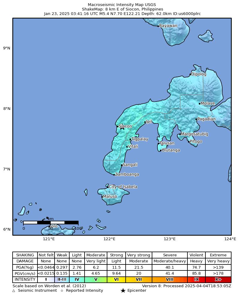USGS ShakeMap intensity contours for the M5.4 earthquake near 8 km E of Siocon, Philippines