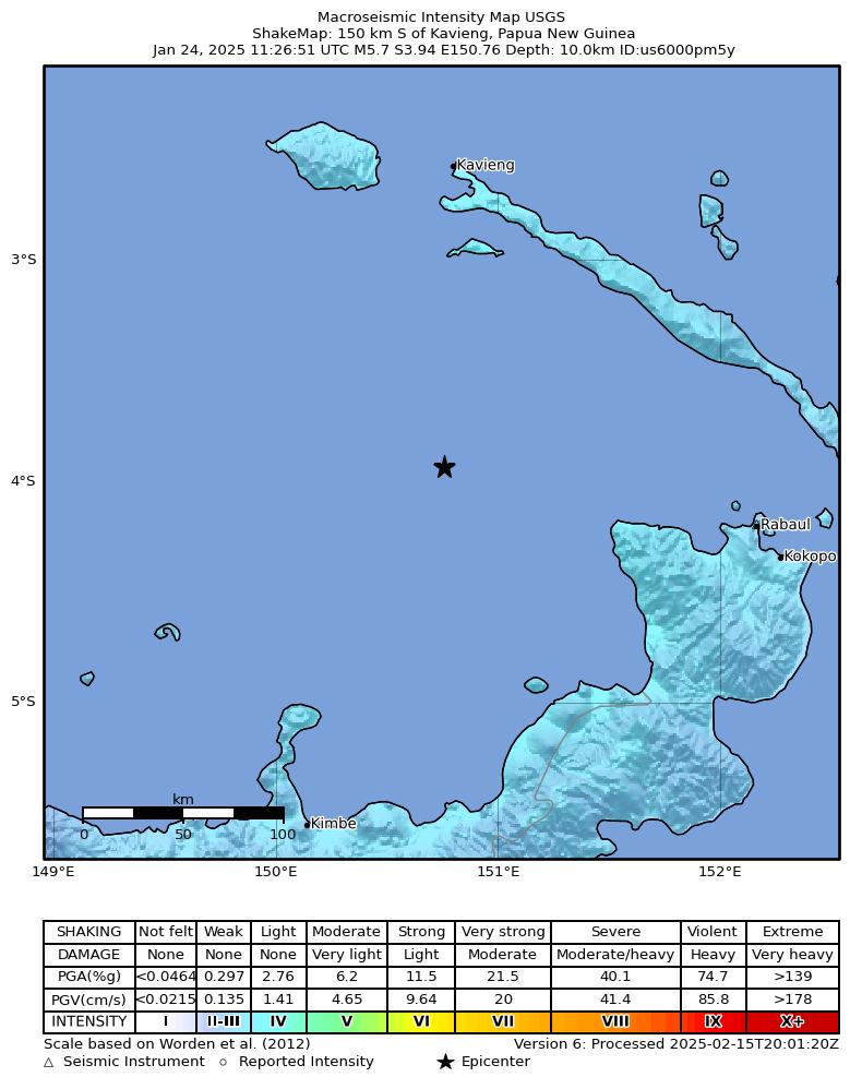 USGS ShakeMap intensity contours for the M5.7 earthquake near 150 km S of Kavieng, Papua New Guinea