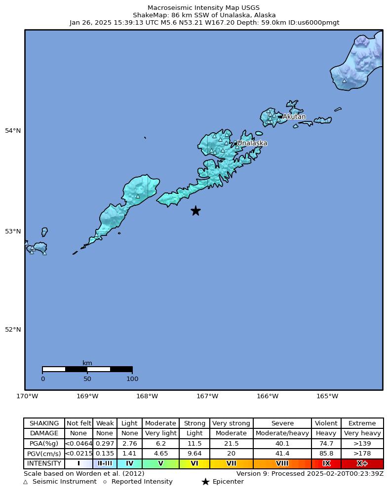 USGS ShakeMap intensity contours for the M5.6 earthquake near 86 km SSW of Unalaska, Alaska