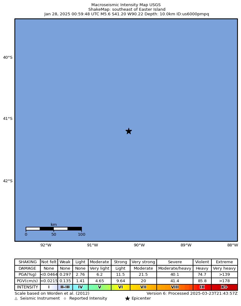 USGS ShakeMap intensity contours for the M5.6 earthquake near southeast of Easter Island