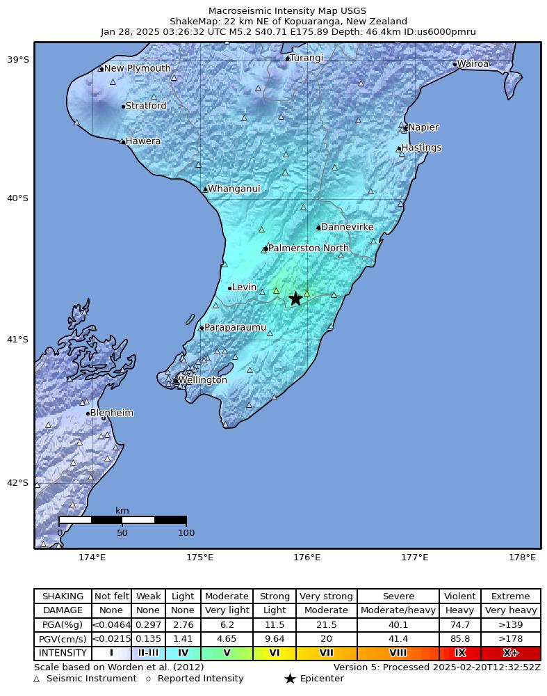 USGS ShakeMap intensity contours for the M5.2 earthquake near 22 km NE of Kopuaranga, New Zealand